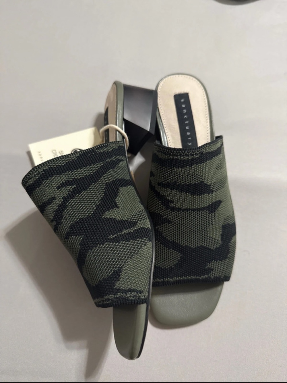 Sanctuary Olive Green Camo Knit Block Heel Mules